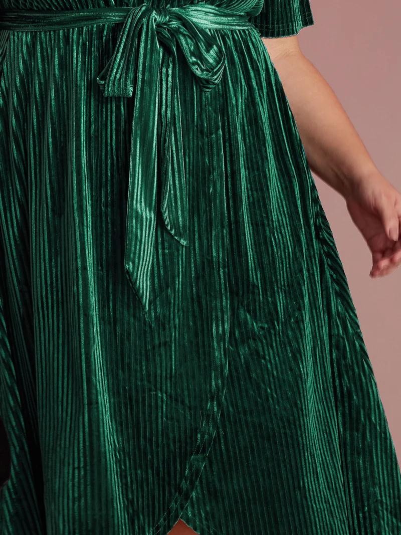 Glossy Textured Velvet Wrap Tied Midi Dress