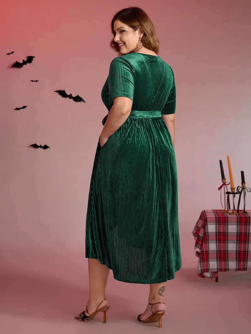 Glossy Textured Velvet Wrap Tied Midi Dress