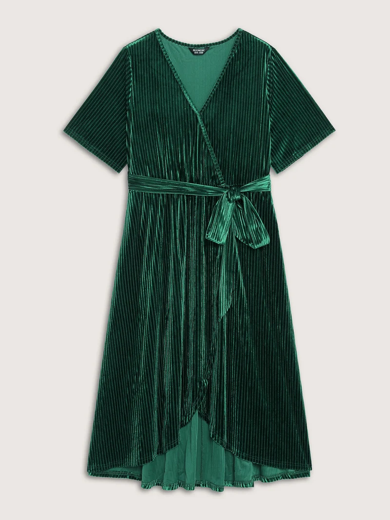Glossy Textured Velvet Wrap Tied Midi Dress