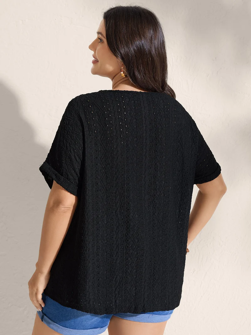 Floral Lace Trim Textured T-Shirt
