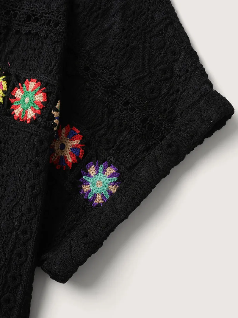Floral Lace Trim Textured T-Shirt
