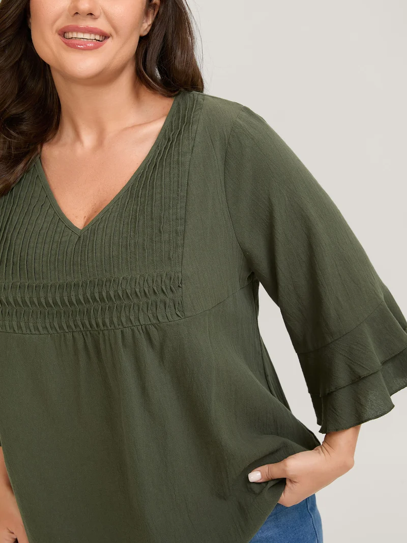 Pure Cotton Pleated V-Neck Blouse