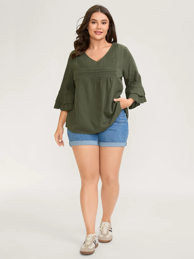 Pure Cotton Pleated V-Neck Blouse
