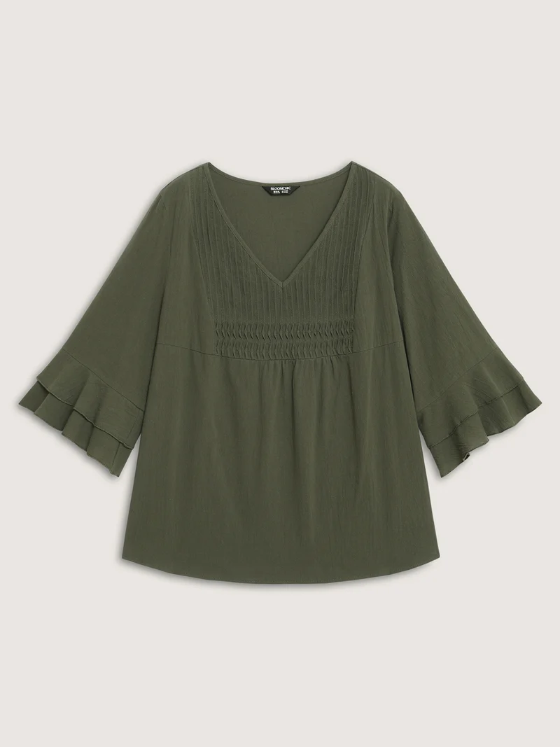 Pure Cotton Pleated V-Neck Blouse