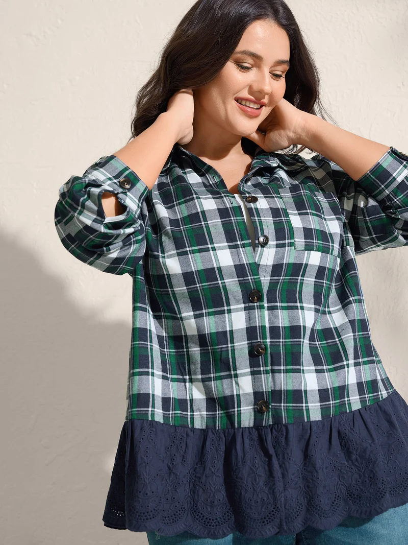 Cotton Embroidery Plaid Spliced Blouse