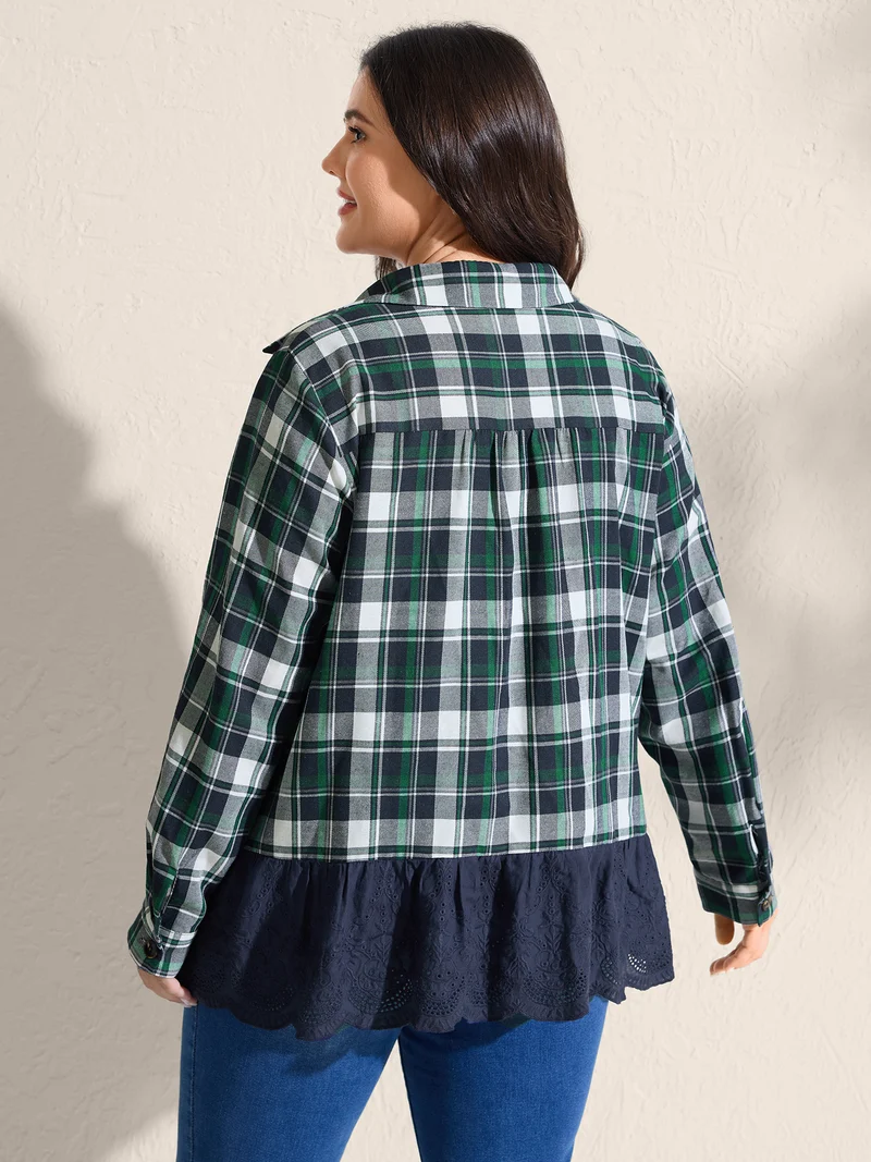 Cotton Embroidery Plaid Spliced Blouse