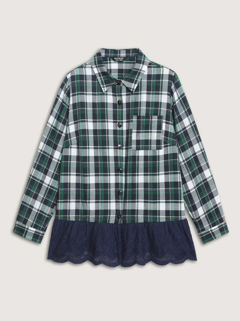 Cotton Embroidery Plaid Spliced Blouse