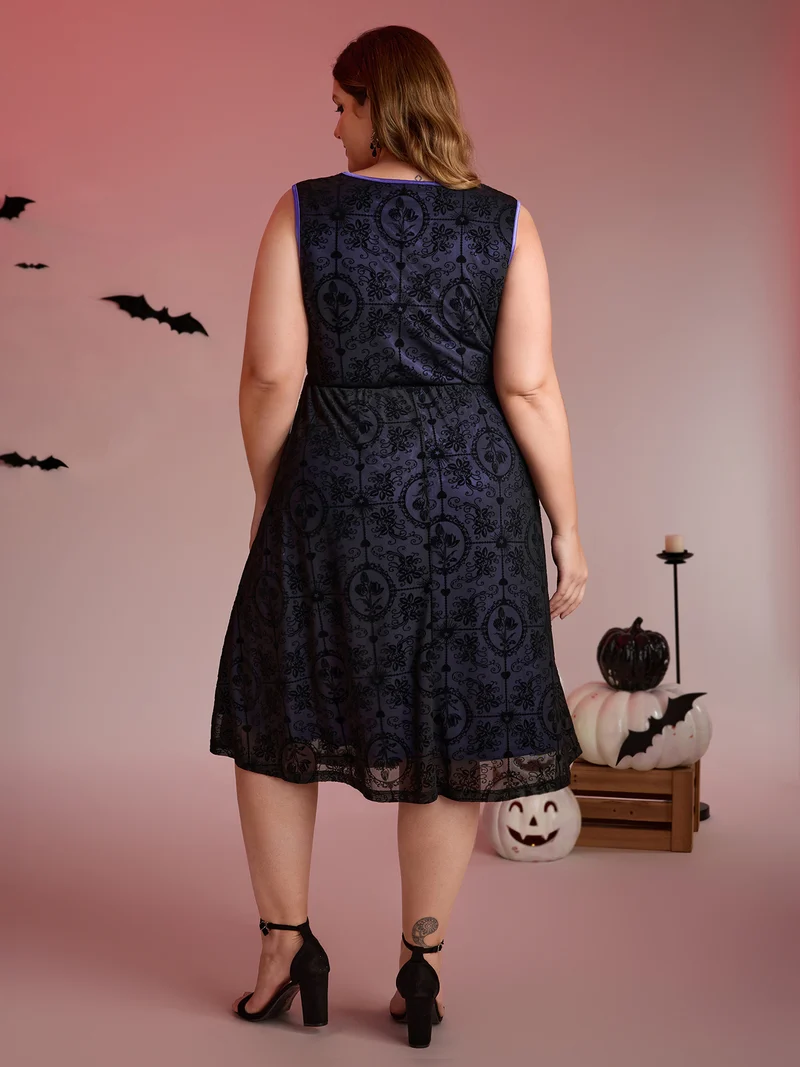Elastic Flocked Mesh Contrast Lined Midi Dress