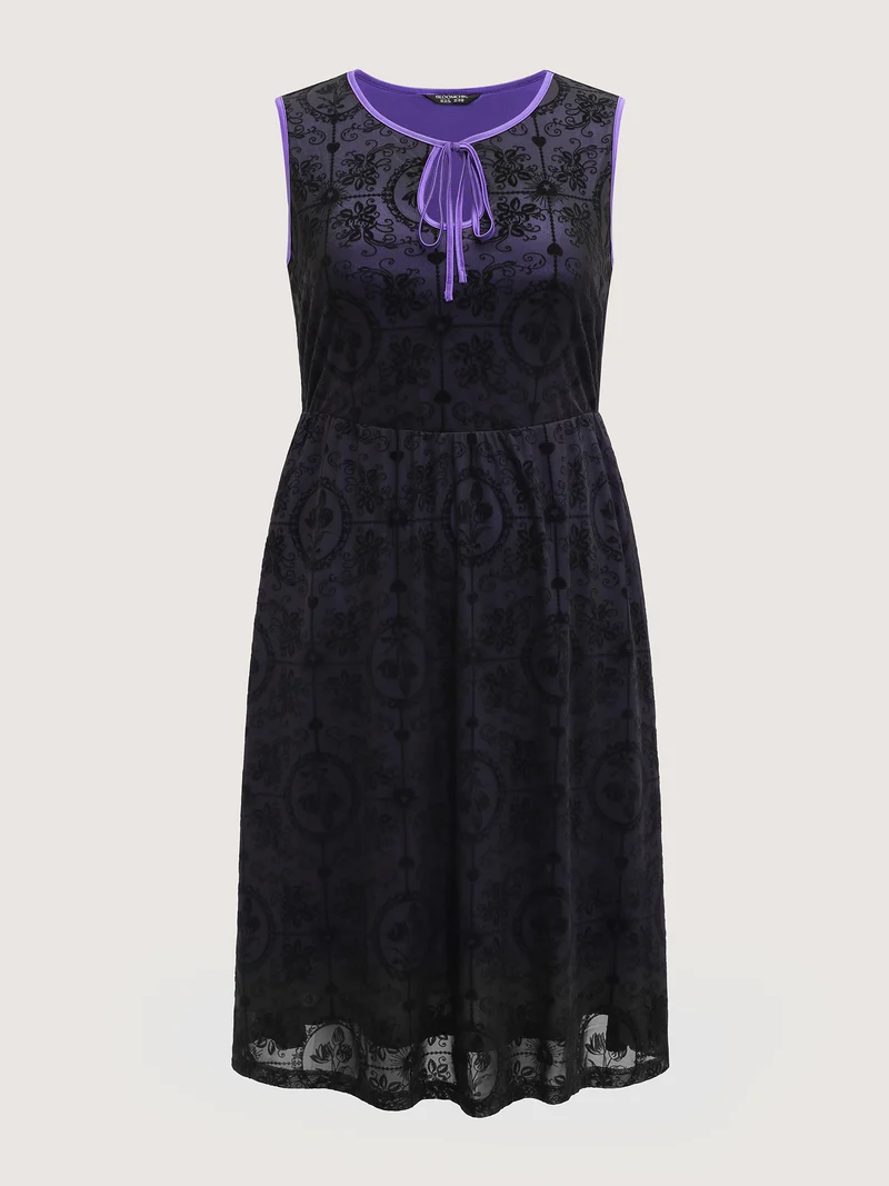 Elastic Flocked Mesh Contrast Lined Midi Dress