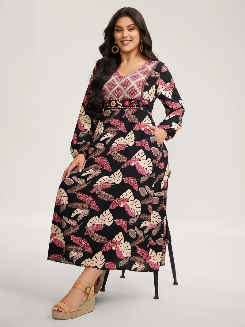Maple Leaf Print Contrast Neck Maxi Dress