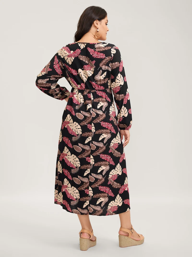 Maple Leaf Print Contrast Neck Maxi Dress