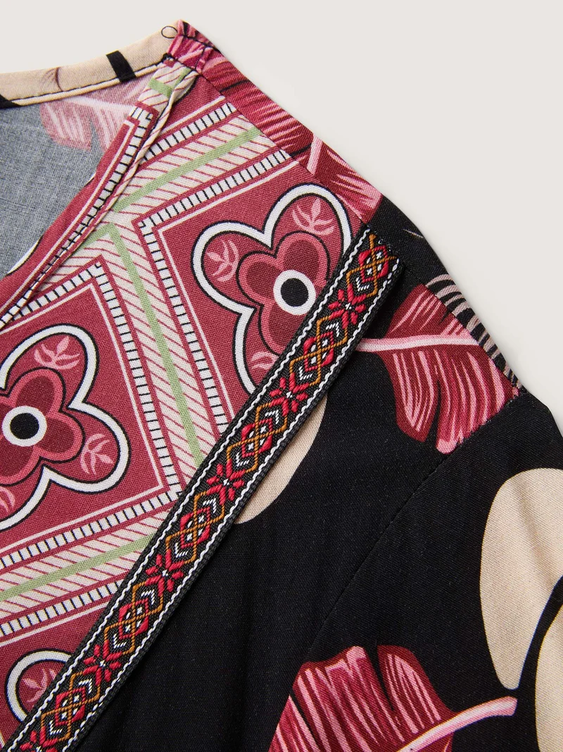 Maple Leaf Print Contrast Neck Maxi Dress