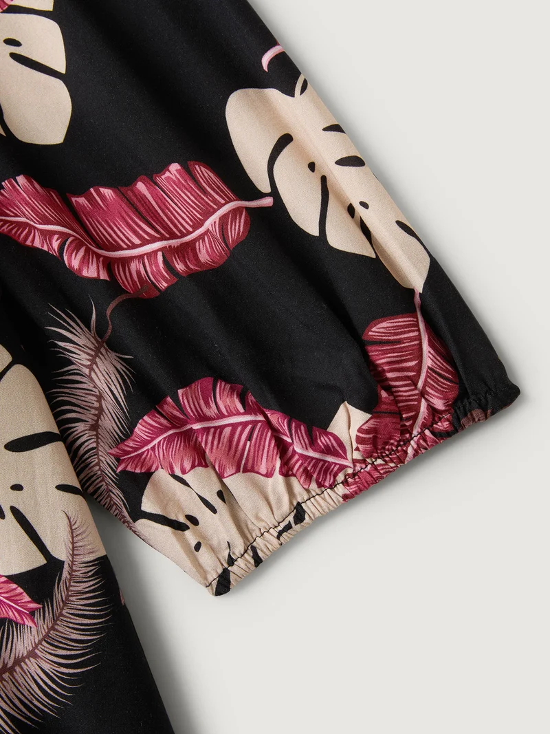 Maple Leaf Print Contrast Neck Maxi Dress