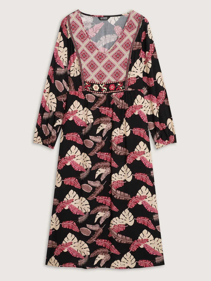 Maple Leaf Print Contrast Neck Maxi Dress