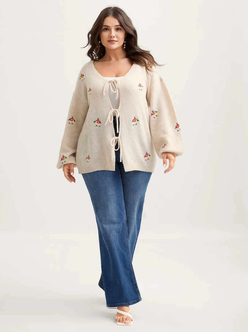 Supersoft Floral Embroidery Front Triple Tie Knit Cardigan