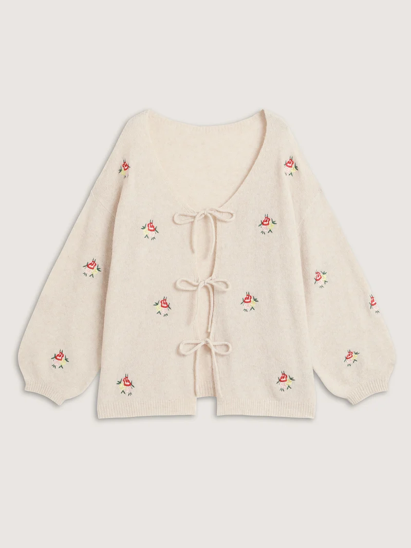 Supersoft Floral Embroidery Front Triple Tie Knit Cardigan