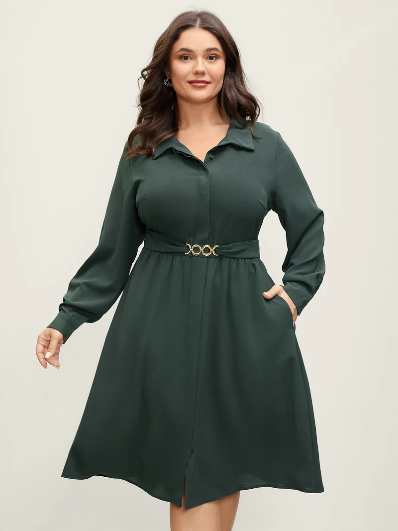 Ring Buckle Cinched-Waist Shirred Midi Dress