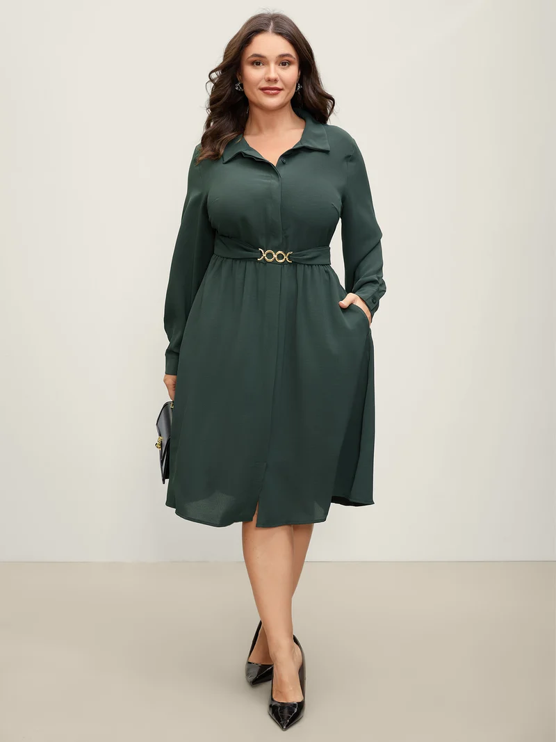 Ring Buckle Cinched-Waist Shirred Midi Dress