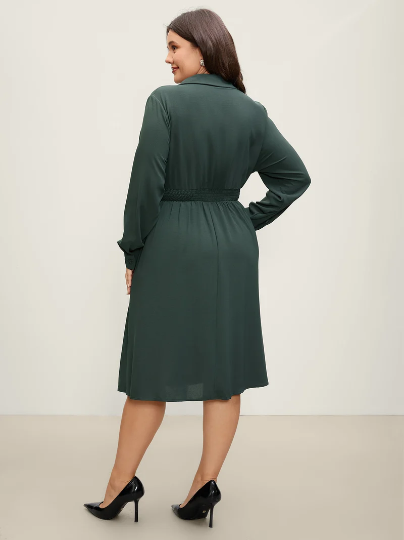 Ring Buckle Cinched-Waist Shirred Midi Dress