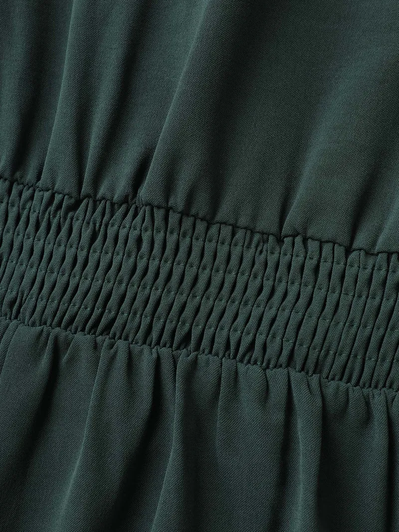 Ring Buckle Cinched-Waist Shirred Midi Dress