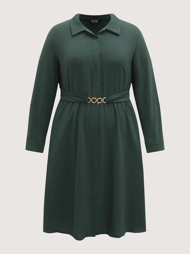 Ring Buckle Cinched-Waist Shirred Midi Dress