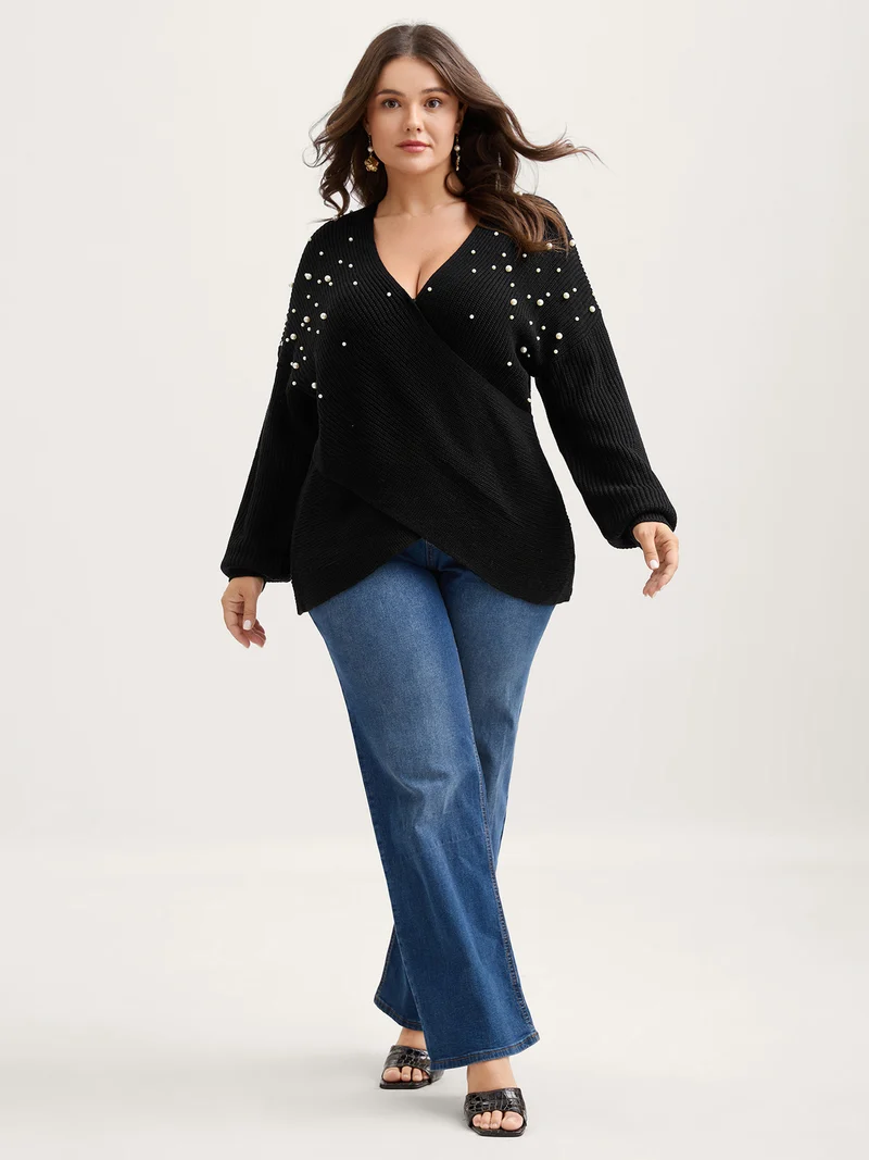Pearl Beaded Overlap Hem Pullover