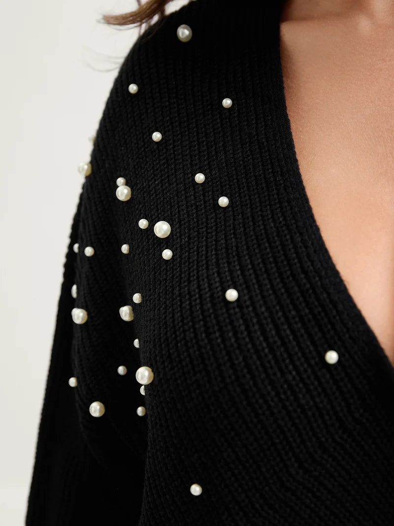 Pearl Beaded Overlap Hem Pullover
