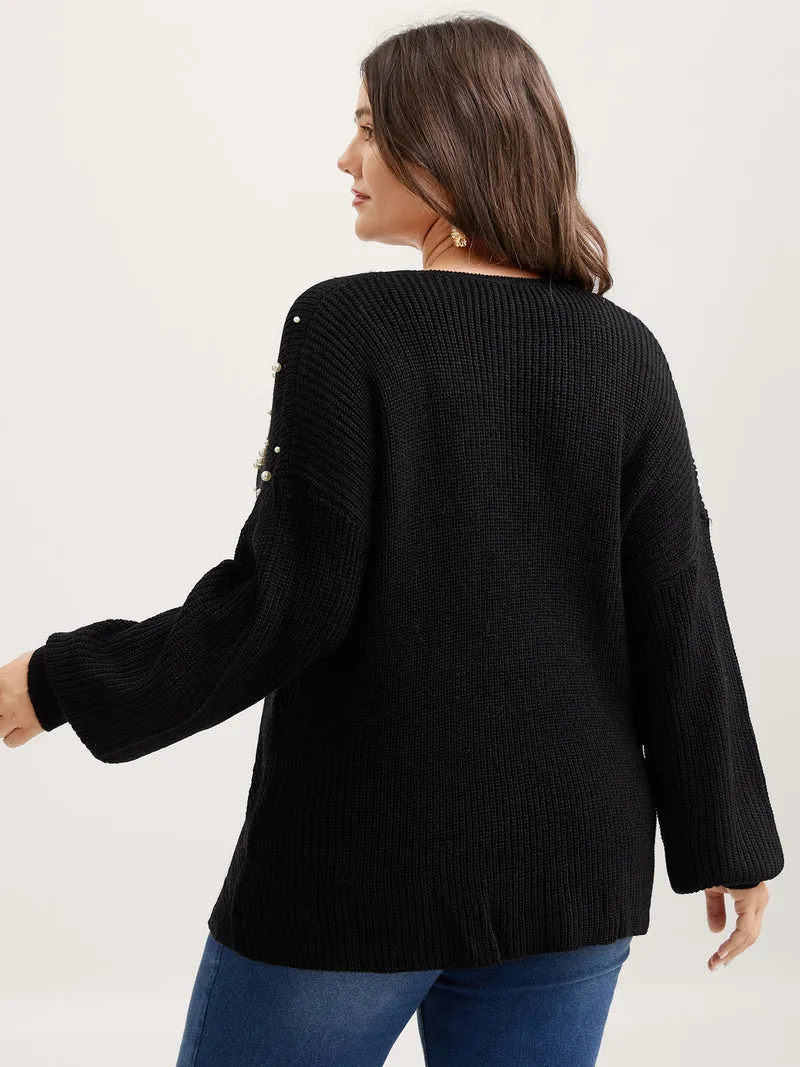Pearl Beaded Overlap Hem Pullover