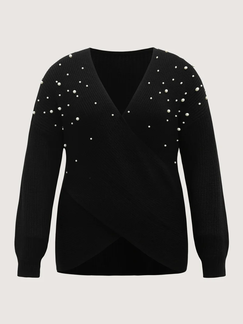 Pearl Beaded Overlap Hem Pullover