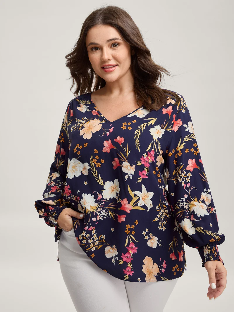 Floral Pleated Shirred V-Neck Blouse