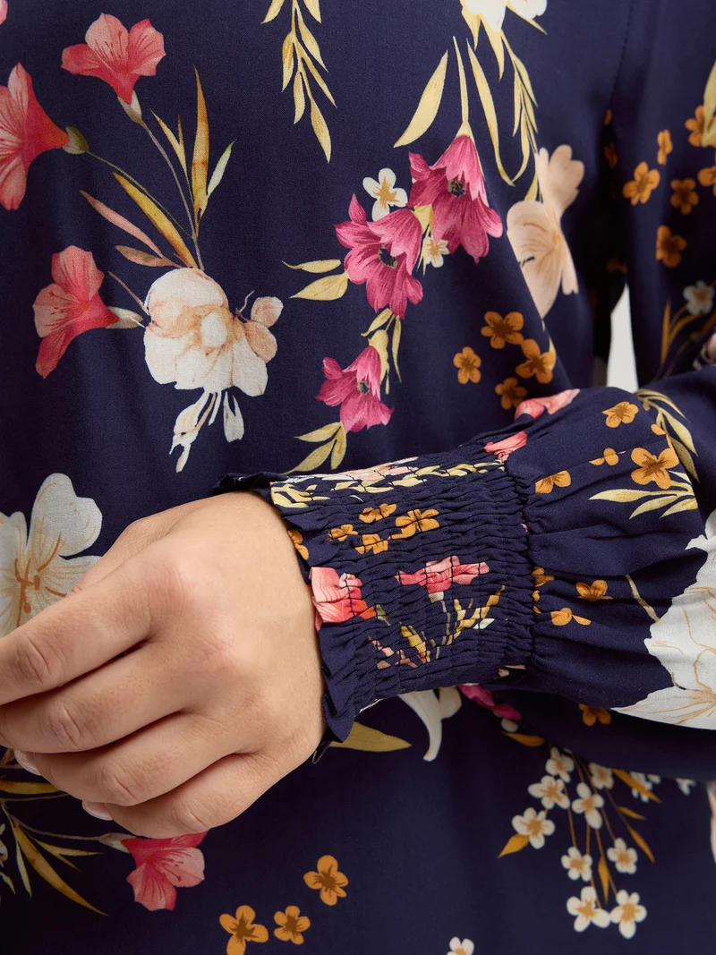 Floral Pleated Shirred V-Neck Blouse