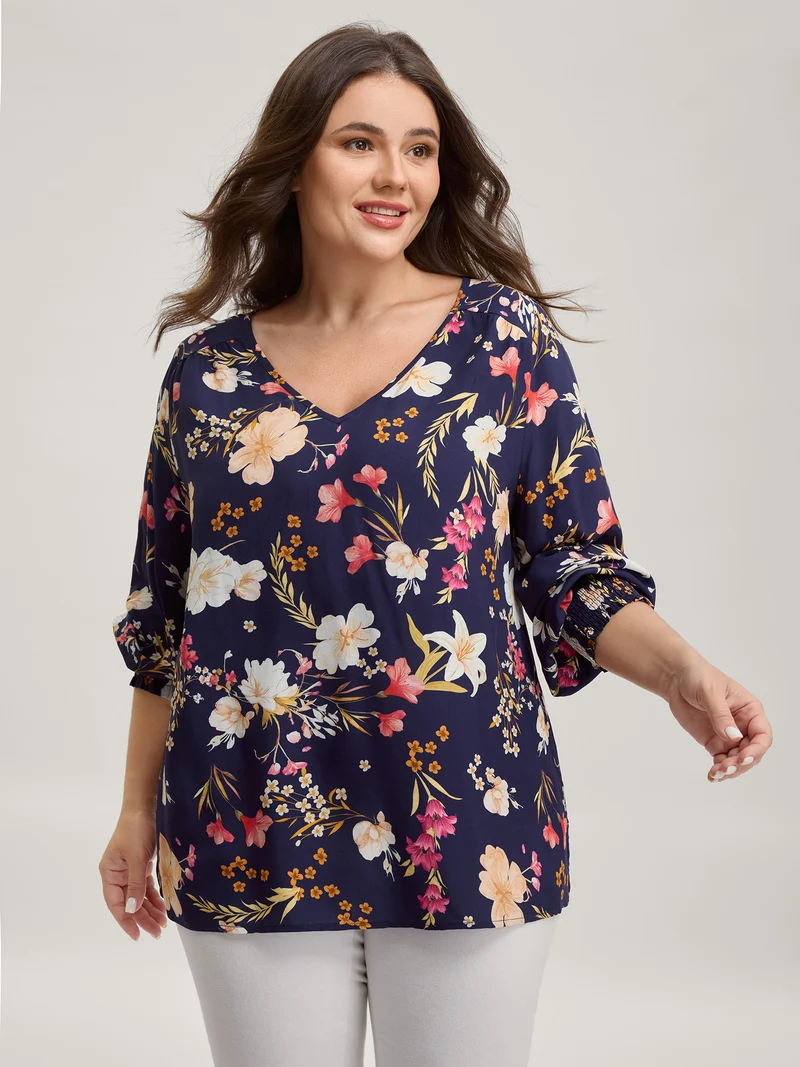 Floral Pleated Shirred V-Neck Blouse
