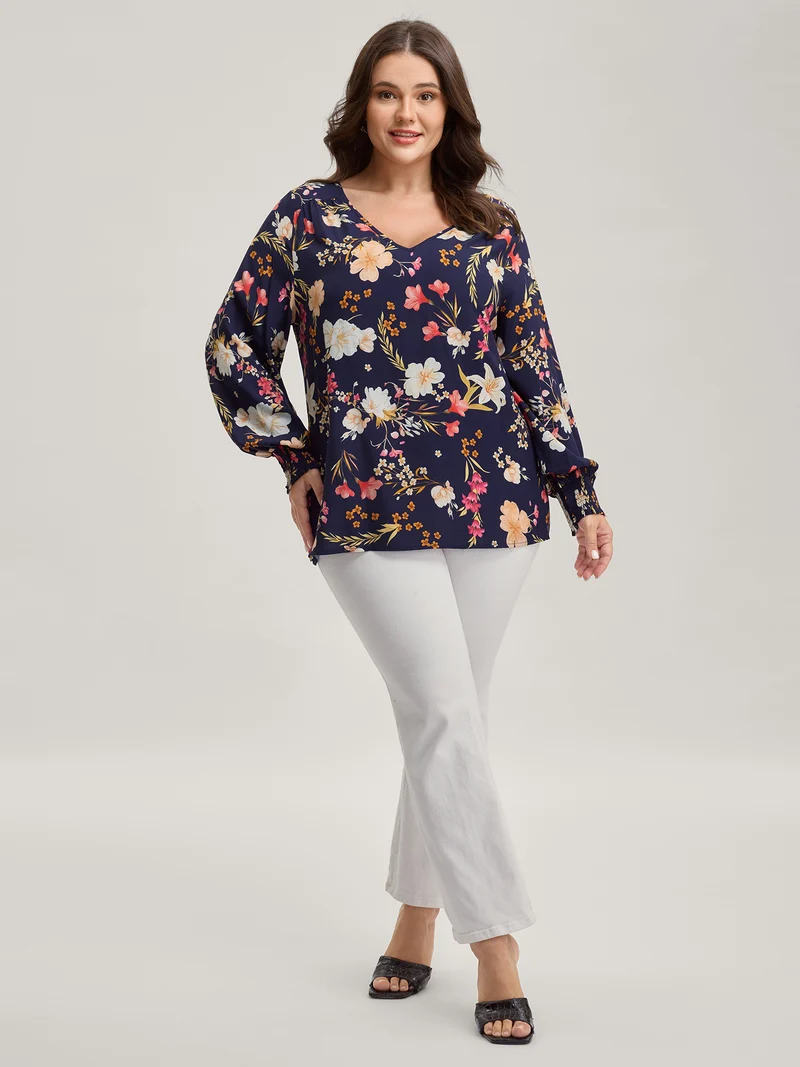 Floral Pleated Shirred V-Neck Blouse
