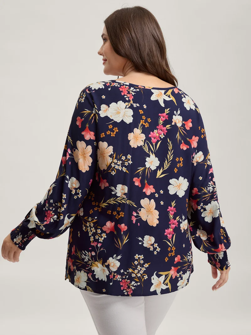 Floral Pleated Shirred V-Neck Blouse