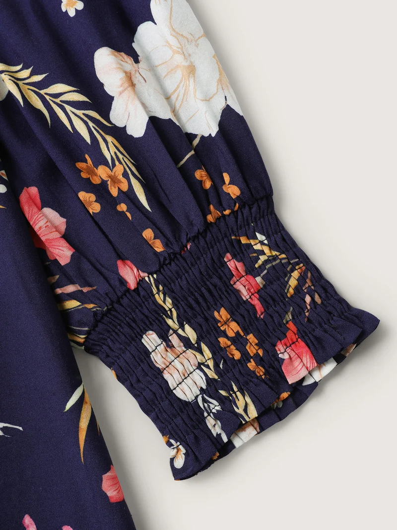 Floral Pleated Shirred V-Neck Blouse
