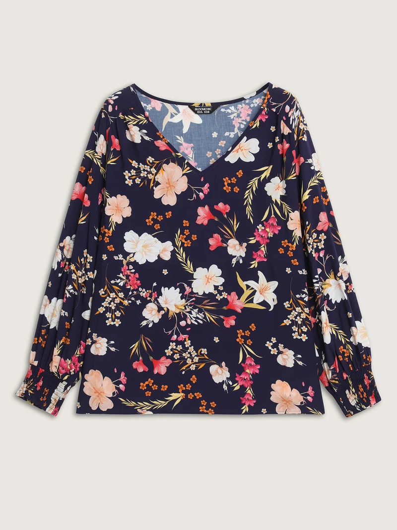 Floral Pleated Shirred V-Neck Blouse