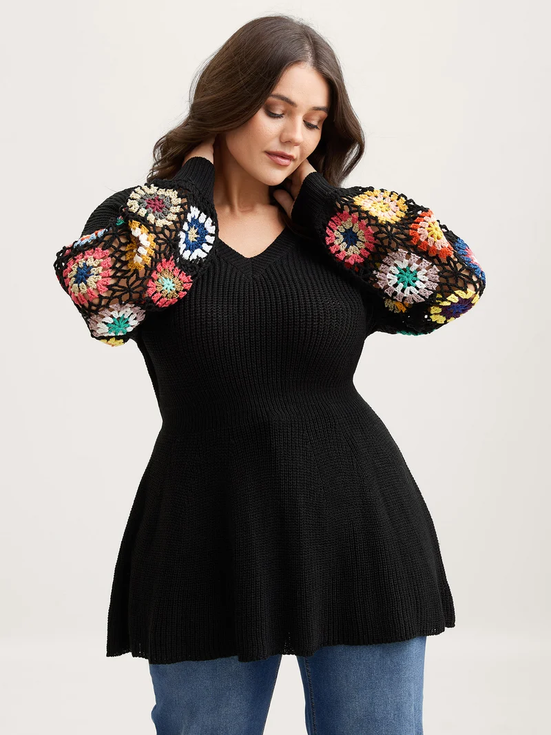 Crochet Floral Waist-Cinched Knit Cardigan