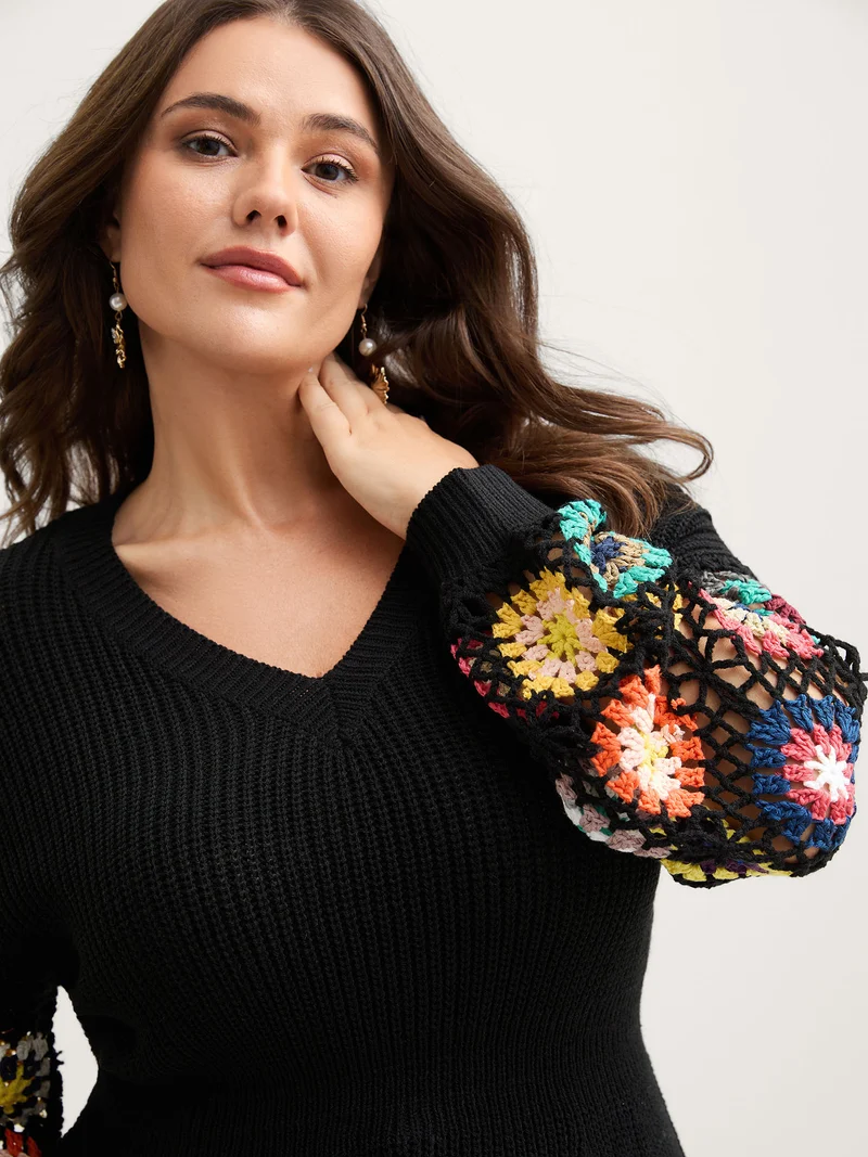 Crochet Floral Waist-Cinched Knit Cardigan