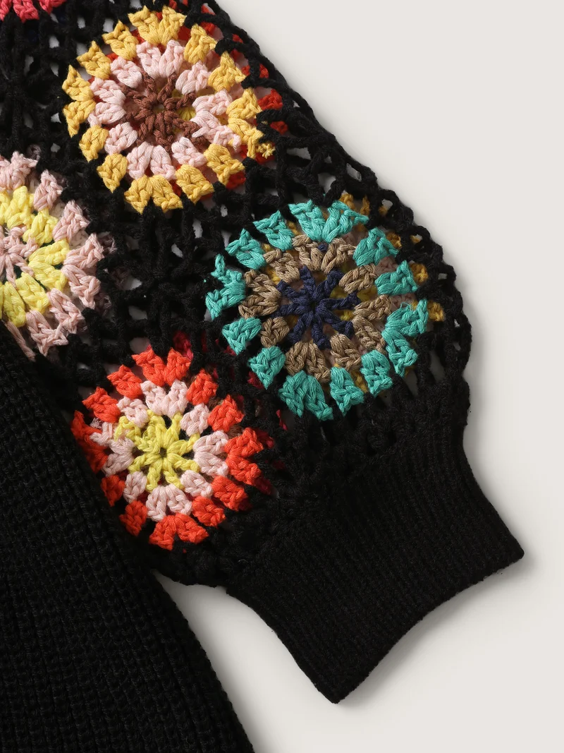 Crochet Floral Waist-Cinched Knit Cardigan