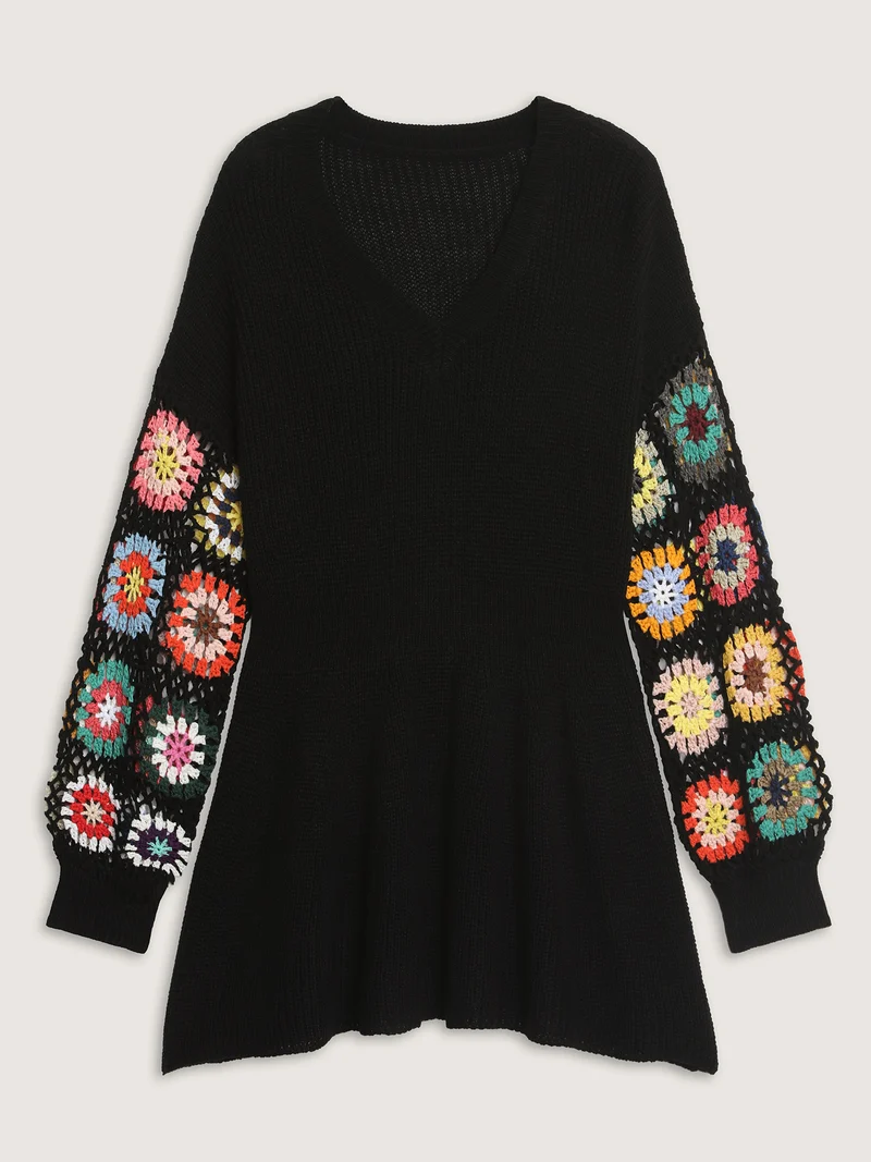 Crochet Floral Waist-Cinched Knit Cardigan