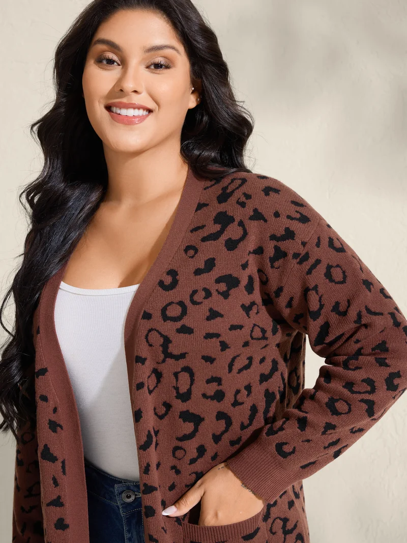 Leopard Print Patch Pockets Front-Open Cardigan