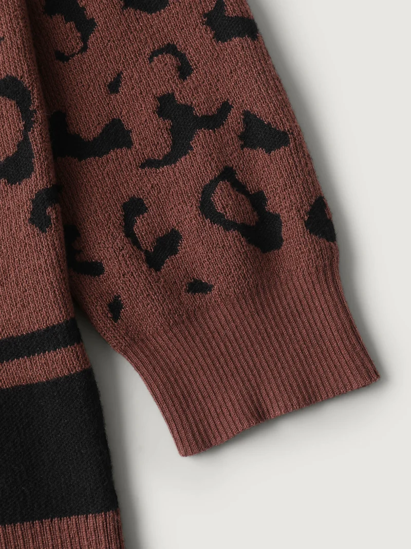 Leopard Print Patch Pockets Front-Open Cardigan