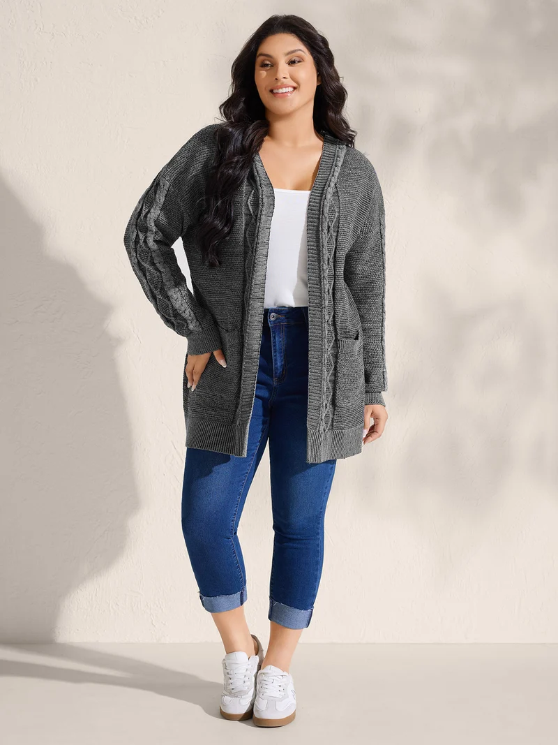 Cable Knit Front-Open Knit Cardigan