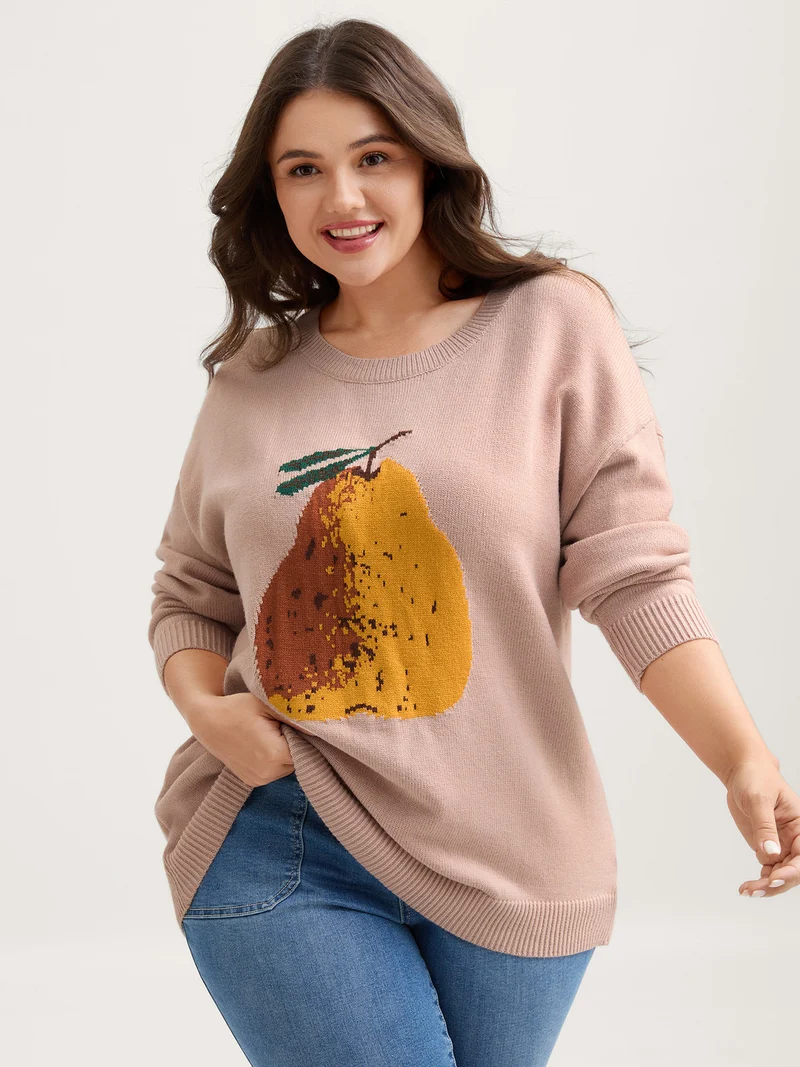 Fruit Jacquard Ribbed Hem Pullover