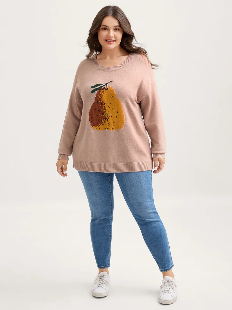 Fruit Jacquard Ribbed Hem Pullover