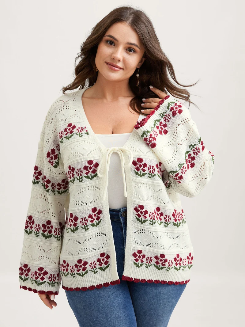 Floral Jacquard Front-Tie Cut-Out Cardigan