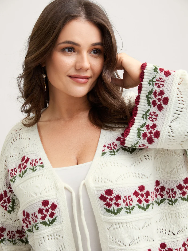 Floral Jacquard Front-Tie Cut-Out Cardigan