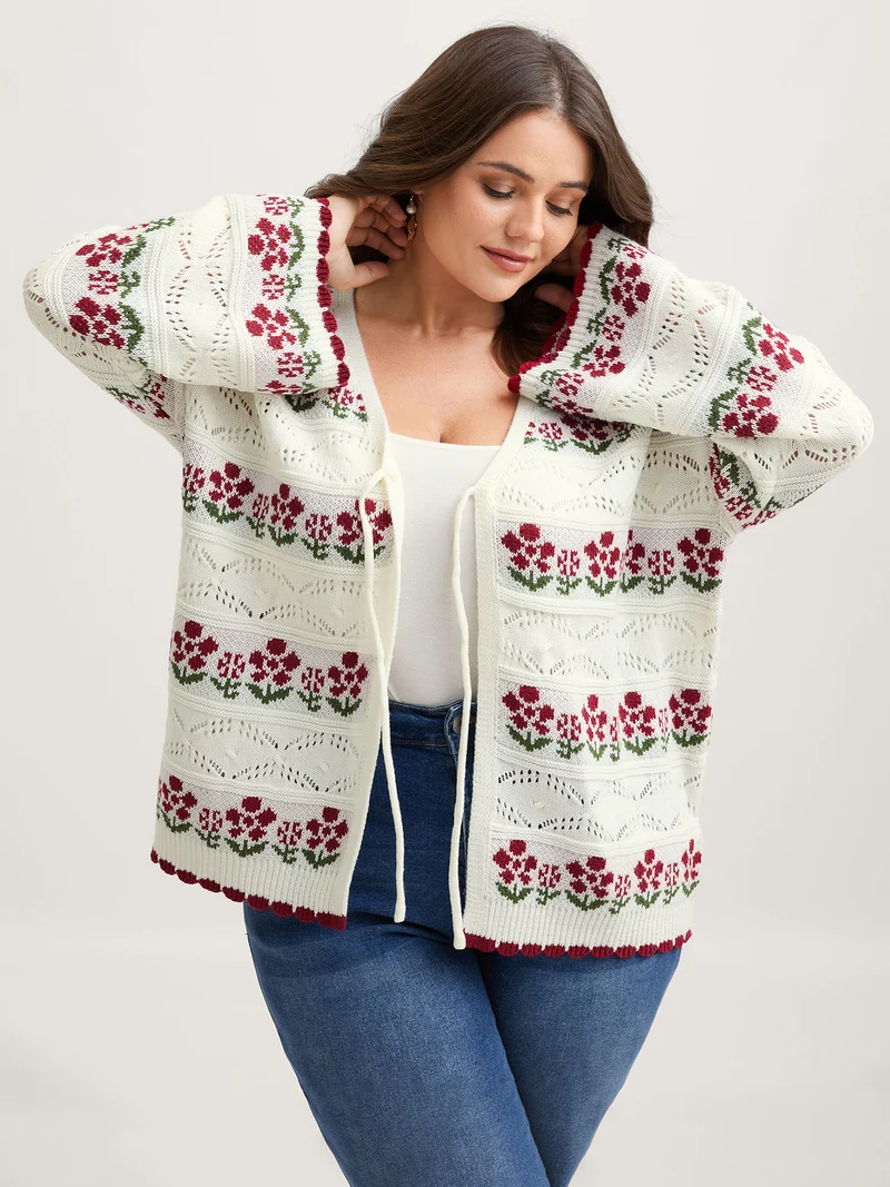 Floral Jacquard Front-Tie Cut-Out Cardigan