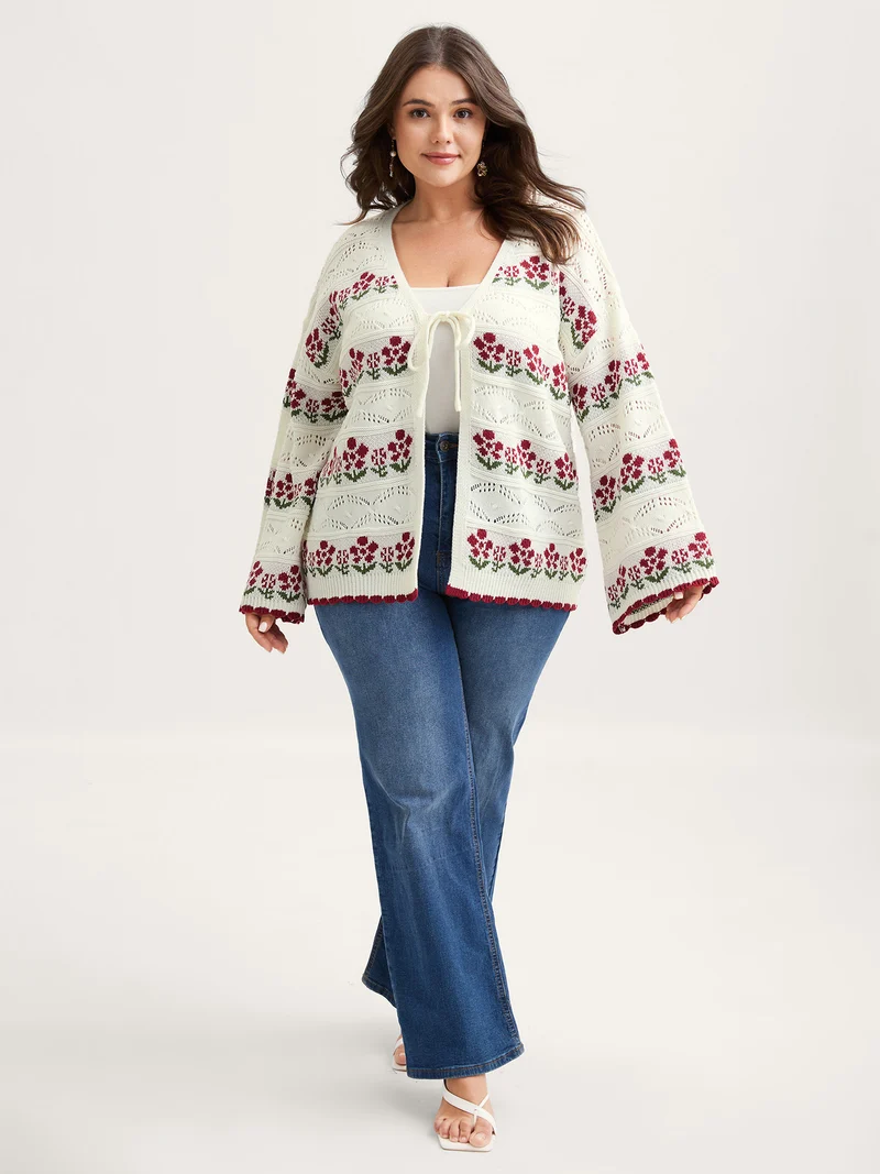 Floral Jacquard Front-Tie Cut-Out Cardigan