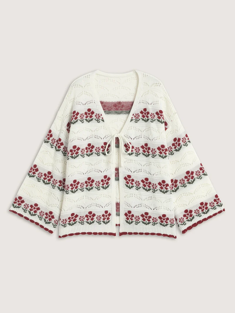 Floral Jacquard Front-Tie Cut-Out Cardigan